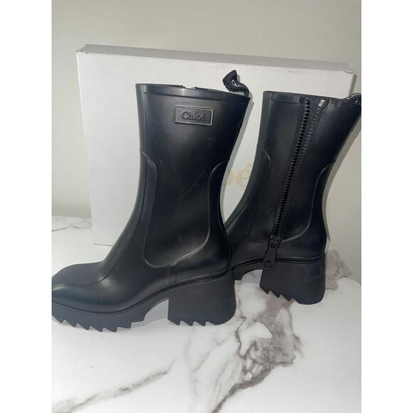 Chloé Black Rubber Mid-Calf Rain Boots with Chunky Heel Size [38] - Picture 5 of 5